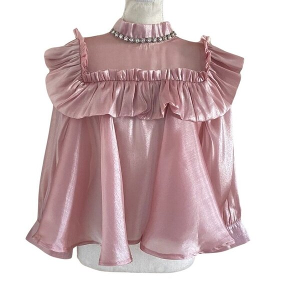 SISTER JANE OLD PINK RUFFLE RHINESTONE ORGANZA LOOSE FIT BLOUSE - XS - Picture 2 of 14